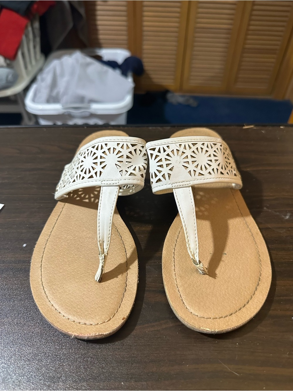 Montego Bay Club Beige Laser-Cut Toe-Post Sandals